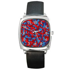 Red And Blue Camouflage Pattern Square Metal Watch by SpinnyChairDesigns