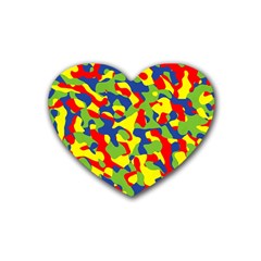 Colorful Rainbow Camouflage Pattern Rubber Coaster (heart)  by SpinnyChairDesigns