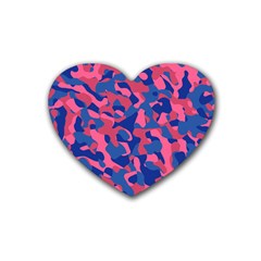 Blue And Pink Camouflage Pattern Rubber Coaster (heart)  by SpinnyChairDesigns