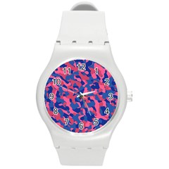 Blue And Pink Camouflage Pattern Round Plastic Sport Watch (m) by SpinnyChairDesigns