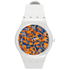 Blue And Orange Camouflage Pattern Round Plastic Sport Watch (m) by SpinnyChairDesigns