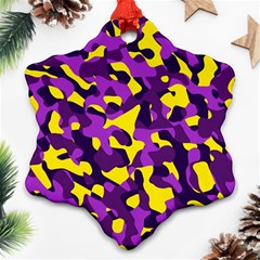 Purple And Yellow Camouflage Pattern Snowflake Ornament (two Sides) by SpinnyChairDesigns