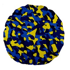 Blue And Yellow Camouflage Pattern Large 18  Premium Round Cushions by SpinnyChairDesigns