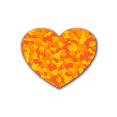 Orange And Yellow Camouflage Pattern Rubber Coaster (heart)  by SpinnyChairDesigns