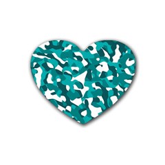 Teal And White Camouflage Pattern Rubber Coaster (heart)  by SpinnyChairDesigns