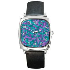 Purple And Teal Camouflage Pattern Square Metal Watch by SpinnyChairDesigns