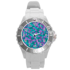 Purple And Teal Camouflage Pattern Round Plastic Sport Watch (l) by SpinnyChairDesigns