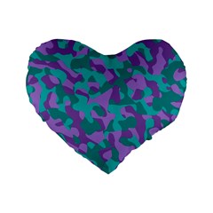 Purple And Teal Camouflage Pattern Standard 16  Premium Heart Shape Cushions by SpinnyChairDesigns