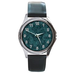 Dark Teal Butterfly Pattern Round Metal Watch by SpinnyChairDesigns