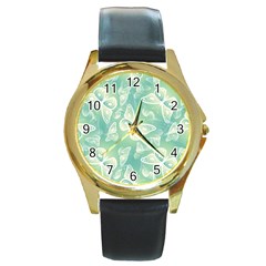 Turquoise Light Green Butterfly Pattern Round Gold Metal Watch by SpinnyChairDesigns