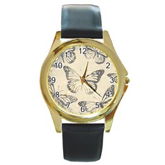 Vintage Ink Stamp On Paper Monarch Butterfly Round Gold Metal Watch by SpinnyChairDesigns