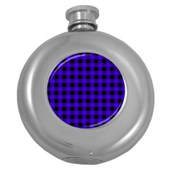 Dark Blue Black Buffalo Plaid Round Hip Flask (5 Oz) by SpinnyChairDesigns