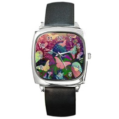 Butterfly Garden Art Square Metal Watch by SpinnyChairDesigns