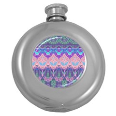 Boho Patchwork Violet Pink Green Round Hip Flask (5 Oz) by SpinnyChairDesigns