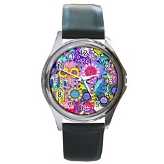 Double Sunflower Abstract Round Metal Watch by okhismakingart