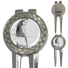 Beauty At The Beach, Sexy Girl Illustration, Black And White 3-in-1 Golf Divots by Casemiro