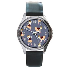 Cute  Pattern With  Dancing Ballerinas On The Blue Background Round Metal Watch by EvgeniiaBychkova