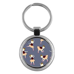 Cute  Pattern With  Dancing Ballerinas On The Blue Background Key Chain (round) by EvgeniiaBychkova