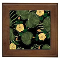 Tropical Vintage Yellow Hibiscus Floral Green Leaves Seamless Pattern Black Background  Framed Tile by Sobalvarro