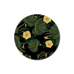 Tropical Vintage Yellow Hibiscus Floral Green Leaves Seamless Pattern Black Background  Rubber Round Coaster (4 Pack)  by Sobalvarro