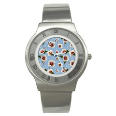 Delicate Hibiscus Flowers On A Blue Background Stainless Steel Watch by SychEva