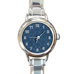 Blue sashiko plaid Round Italian Charm Watch Front