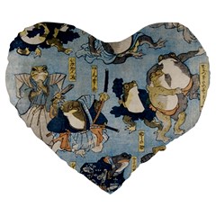 Famous Heroes Of The Kabuki Stage Played By Frogs  Large 19  Premium Flano Heart Shape Cushions by Sobalvarro