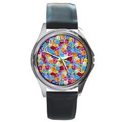 Pansies  Watercolor Flowers Round Metal Watch by SychEva