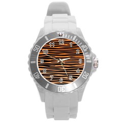 Tiger Stripes, Black And Orange, Asymmetric Lines, Wildlife Pattern Round Plastic Sport Watch (l) by Casemiro