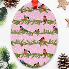 Bullfinches Sit On Branches On A Pink Background Oval Ornament (two Sides) by SychEva