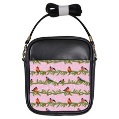 Bullfinches Sit On Branches On A Pink Background Girls Sling Bag by SychEva