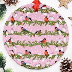 Bullfinches Sit On Branches On A Pink Background Round Filigree Ornament (two Sides) by SychEva