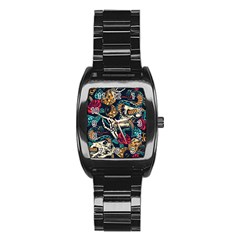 Vintage Art Tattoos Colorful Seamless Pattern Stainless Steel Barrel Watch by Ravend