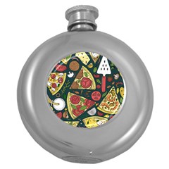 Vector Seamless Pizza Slice Pattern Hand Drawn Pizza Illustration Great Pizzeria Menu Background Round Hip Flask (5 Oz) by Ravend