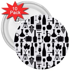 Wine Pattern Black White 3  Buttons (10 Pack)  by Jancukart