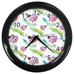 Watercolor-pattern-with-lady-bug Wall Clock (black) by Wegoenart