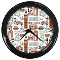 Seamless-pattern-with-london-elements-landmarks Wall Clock (black) by Wegoenart