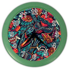 Vintage Tattoos Colorful Seamless Pattern Color Wall Clock by Wegoenart