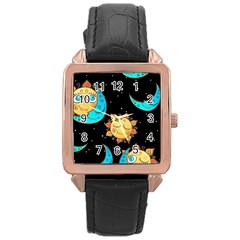 Seamless Pattern With Sun Moon Children Rose Gold Leather Watch  by Pakemis