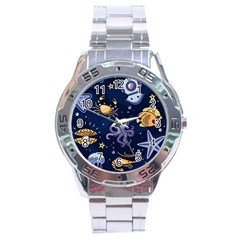 Marine Seamless Pattern Thin Line Memphis Style Stainless Steel Analogue Watch by Pakemis