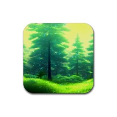 Anime Forrest Nature Fantasy Sunset Trees Woods Rubber Coaster (square) by Uceng