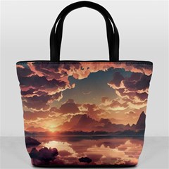 Sunset River Sky Clouds Nature Nostalgic Mountain Bucket Bag by Uceng