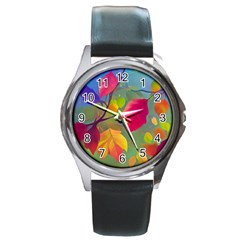 Leaves Foliage Autumn Branch Trees Nature Forest Round Metal Watch by Uceng