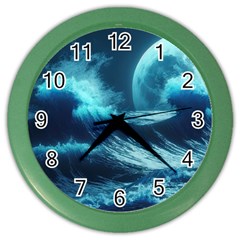 Moonlight High Tide Storm Tsunami Waves Ocean Sea Color Wall Clock by Ravend