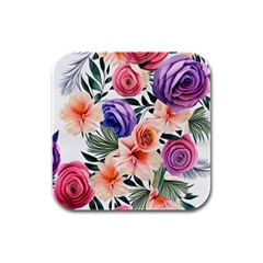 Country-chic Watercolor Flowers Rubber Square Coaster (4 Pack) by GardenOfOphir