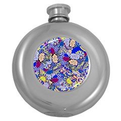 Blue Yellow Background Pattern Vector Texture Paisley Round Hip Flask (5 Oz) by Salman4z