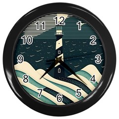 Lighthouse Abstract Ocean Sea Waves Water Blue Wall Clock (black) by Wegoenart