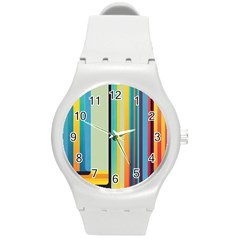 Colorful Rainbow Striped Pattern Stripes Background Round Plastic Sport Watch (m) by Uceng