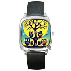 Owl Animal Cartoon Drawing Tree Nature Landscape Square Metal Watch by Uceng