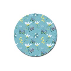 Butterflies Flowers Blue Background Spring Pattern Magnet 3  (round) by Ravend